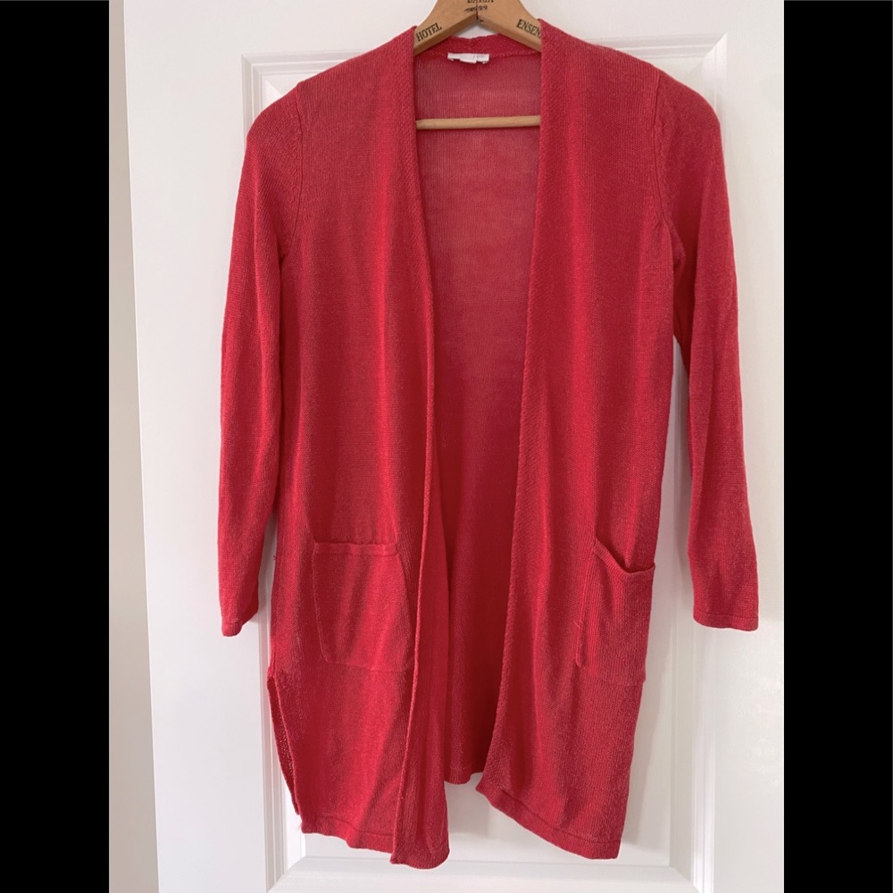 J Jill Red Long-Length Open-Front Cardigan Sweater w Pockets, Linen & Viscose